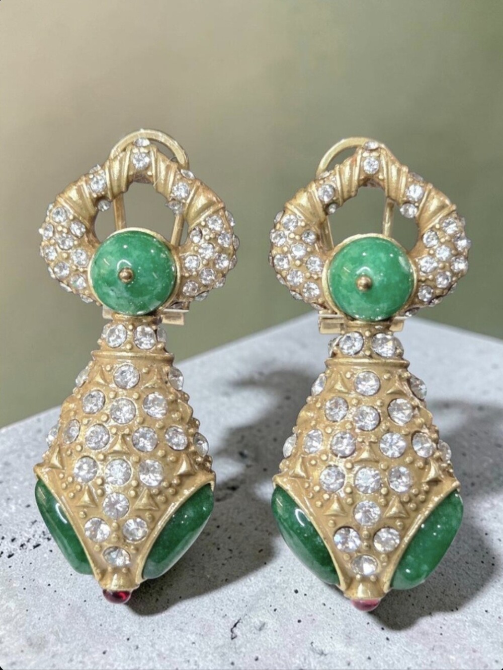 Sultans Snake 18k Gold Plated Pave Crystal Jade Emerald Ruby Dangle Earrings